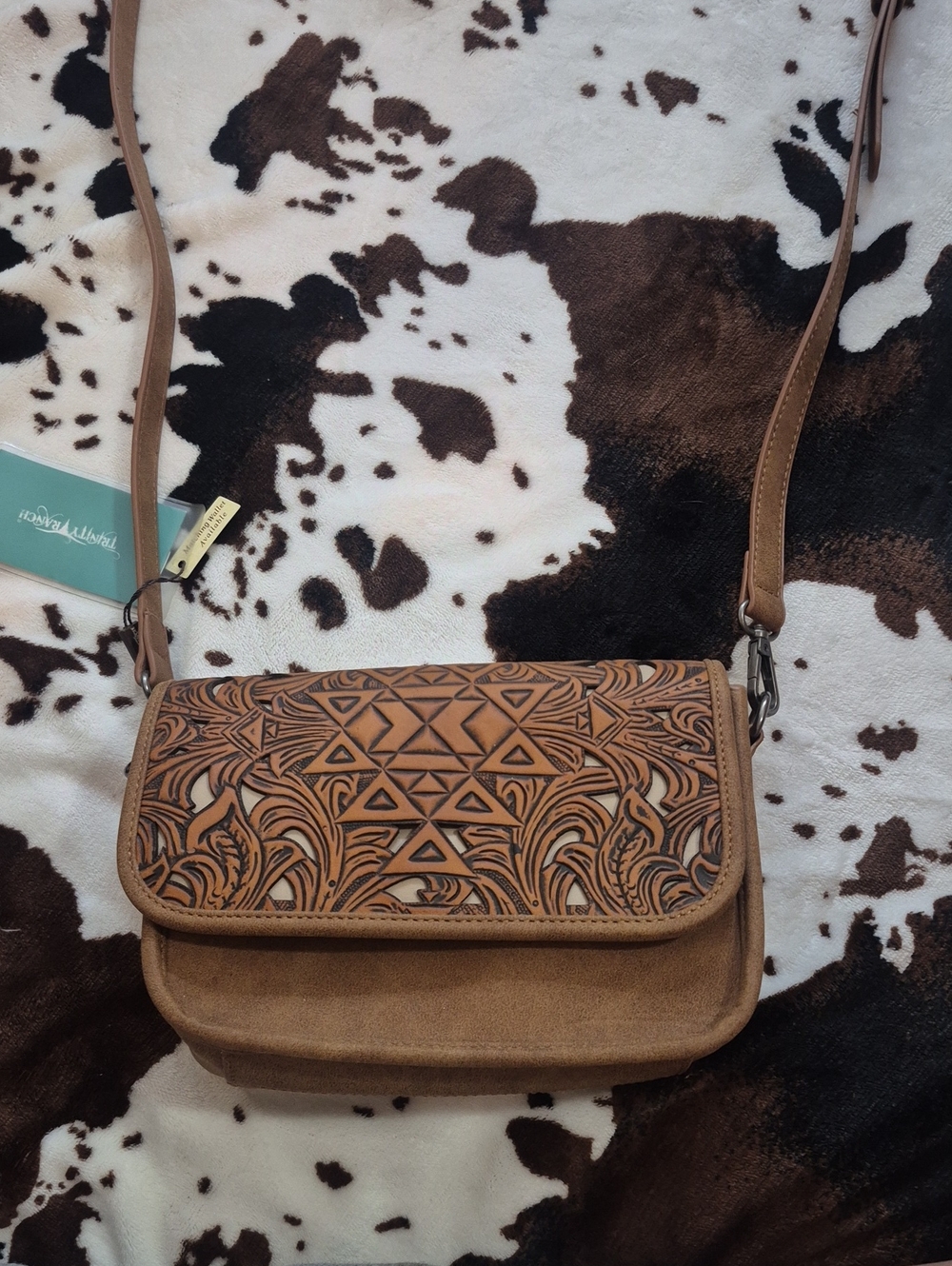 NWT "Trinity Ranch" Small Tooled Leather Tan Crossbody Bag with Geometric Flap